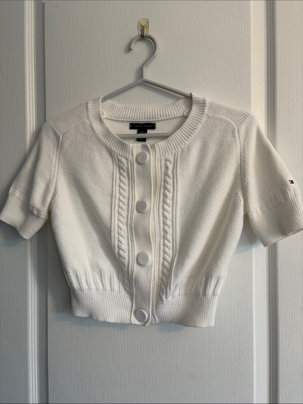Tommy Hilfiger Y2K White Short-Sleeve Cable Knit Button Cardigan